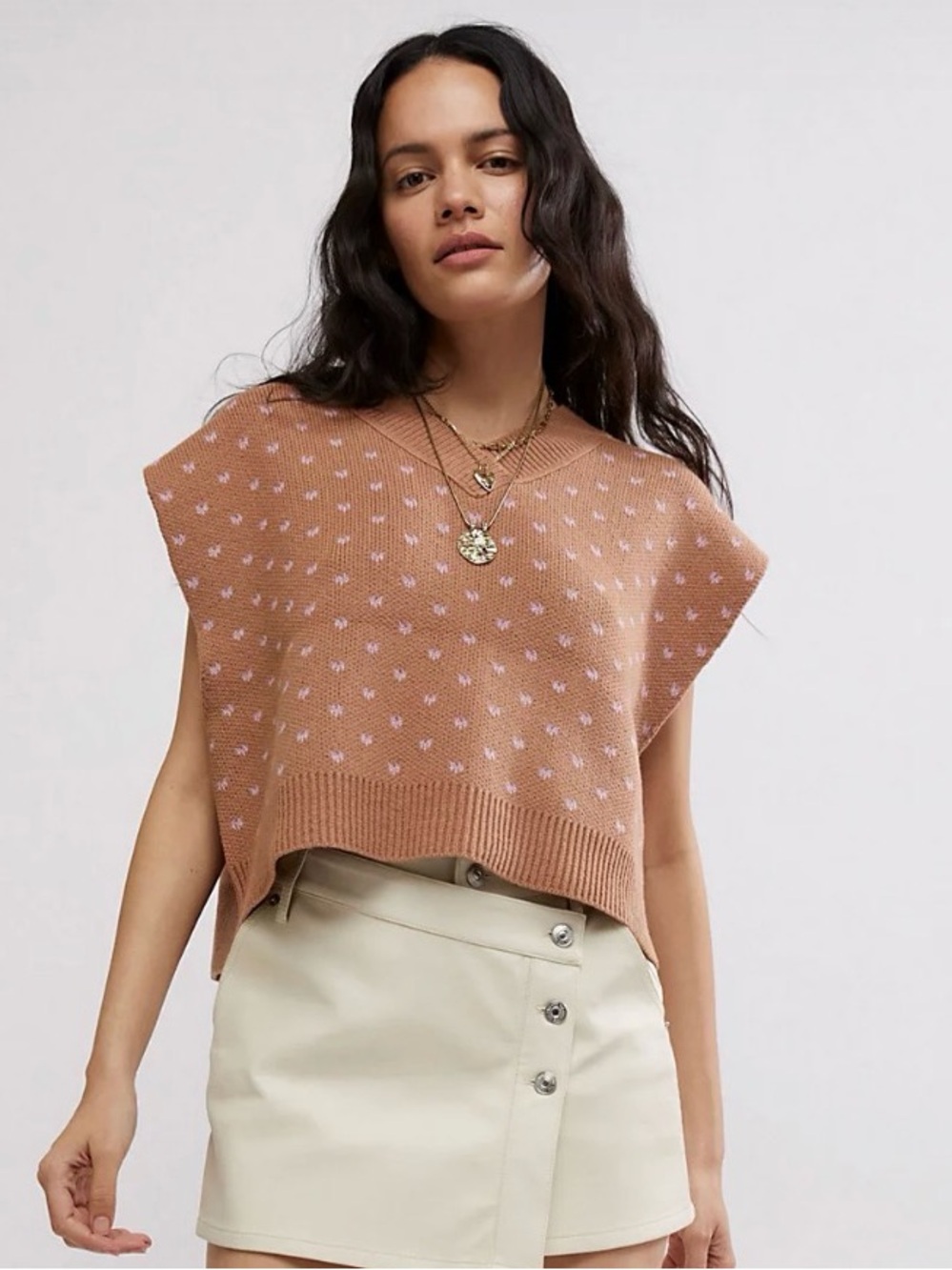 Free People V-Neck Cropped Knit Vest in Light Brown with Pink Accents